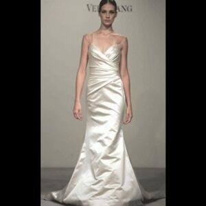 Vera Wang Satin Mermaid Wedding Gown with Wrap-Around Bodice and Rouching Detail